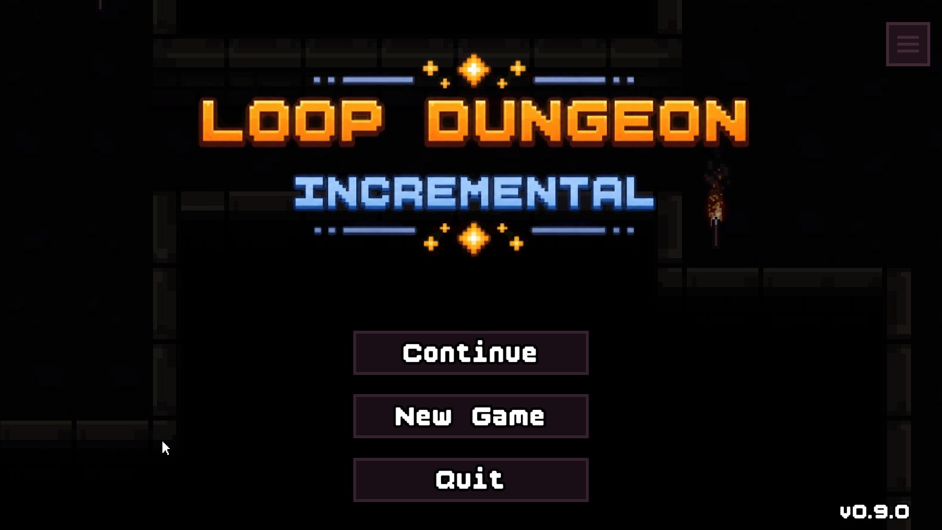 Loop Dungeon title screen with Continue, New Game and Quit buttons and version 0.9.0.