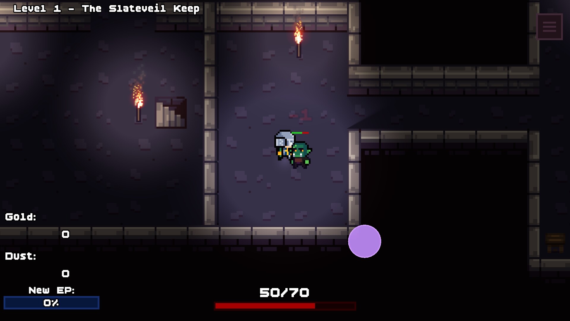 Loop Dungeon screenshot of Level 1 The Slateveil Keep with a hero in a dark stone room and gold, dust and prestige counters.