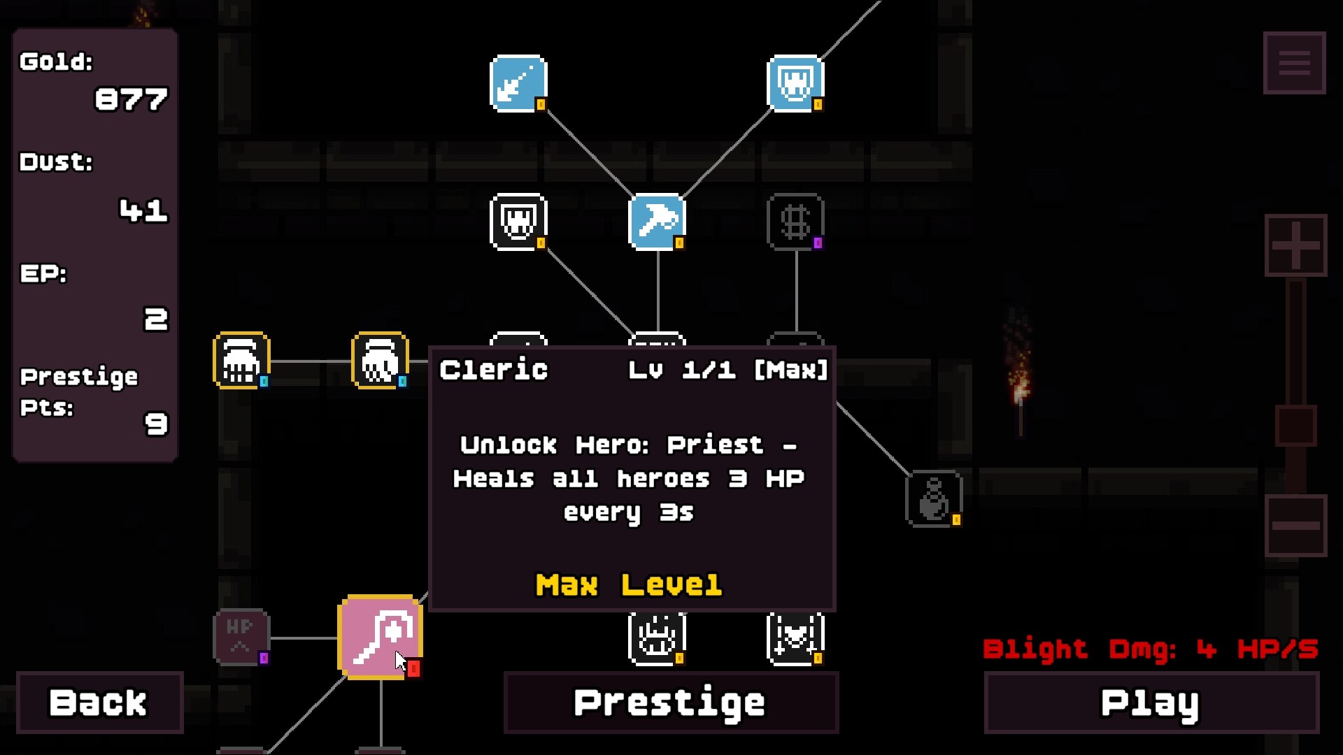 Loop Dungeon skill tree screenshot with a tooltip reading Unlock Hero: Priest, heals all heroes 3 HP every 3s.