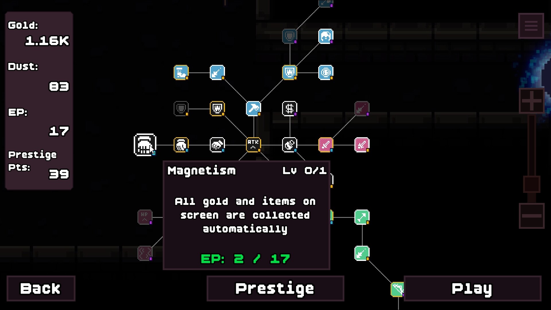 Loop Dungeon skill tree screenshot with the Magnetism skill tooltip: all gold and items on screen are collected automatically.