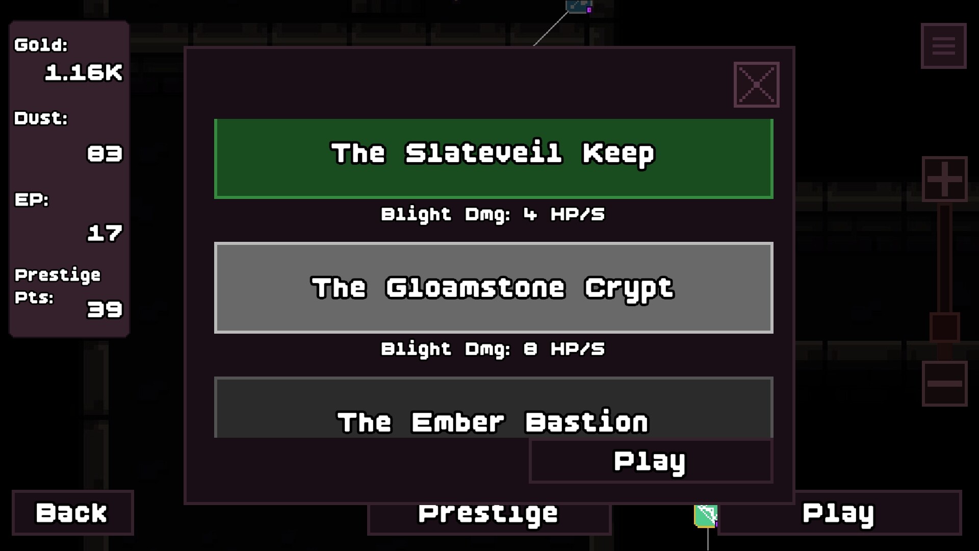 Loop Dungeon level select listing The Slateveil Keep, The Gloamstone Crypt and The Ember Bastion.